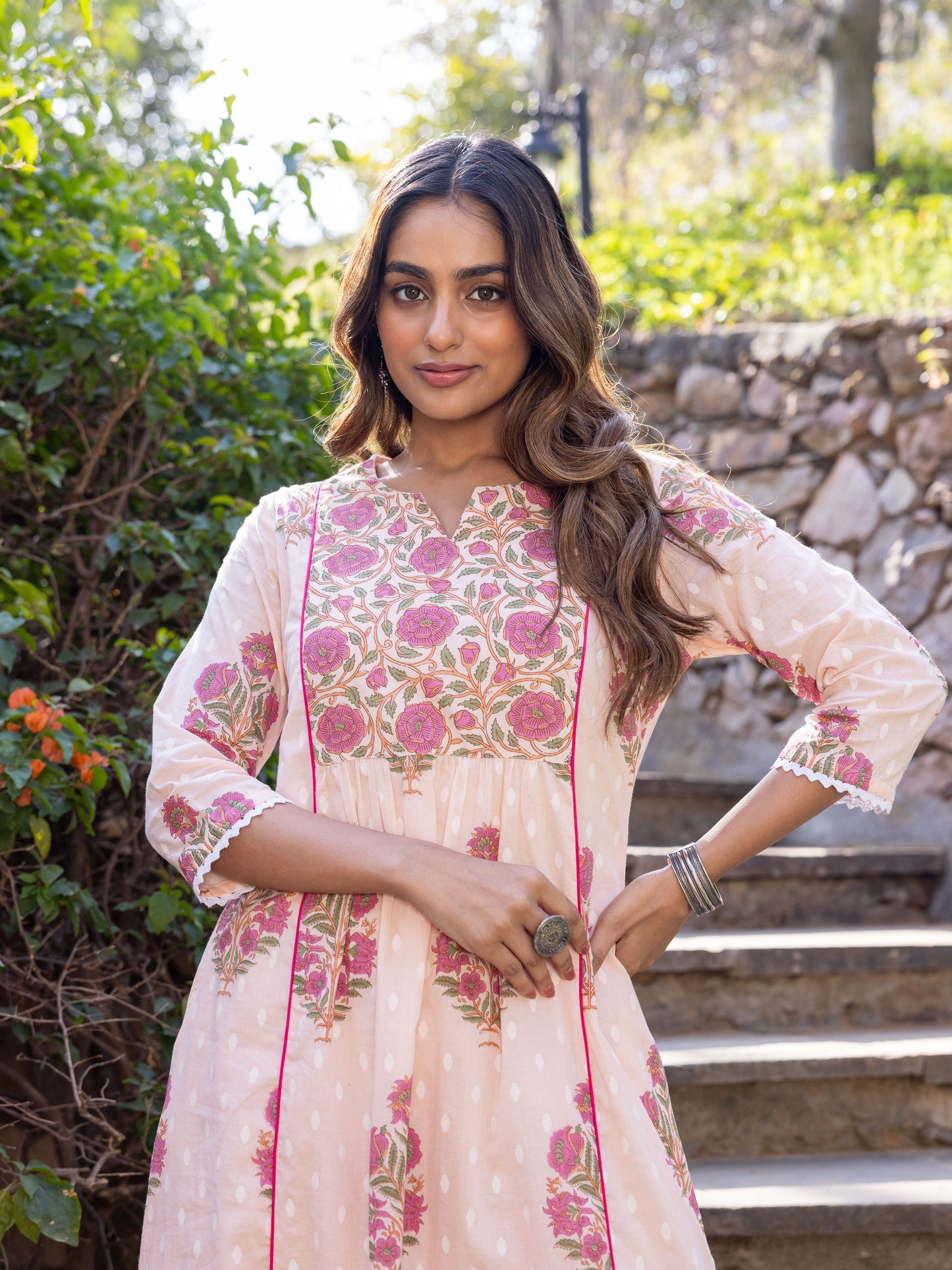 Soft Cotton Block Print Flared Baby Pink Kurta