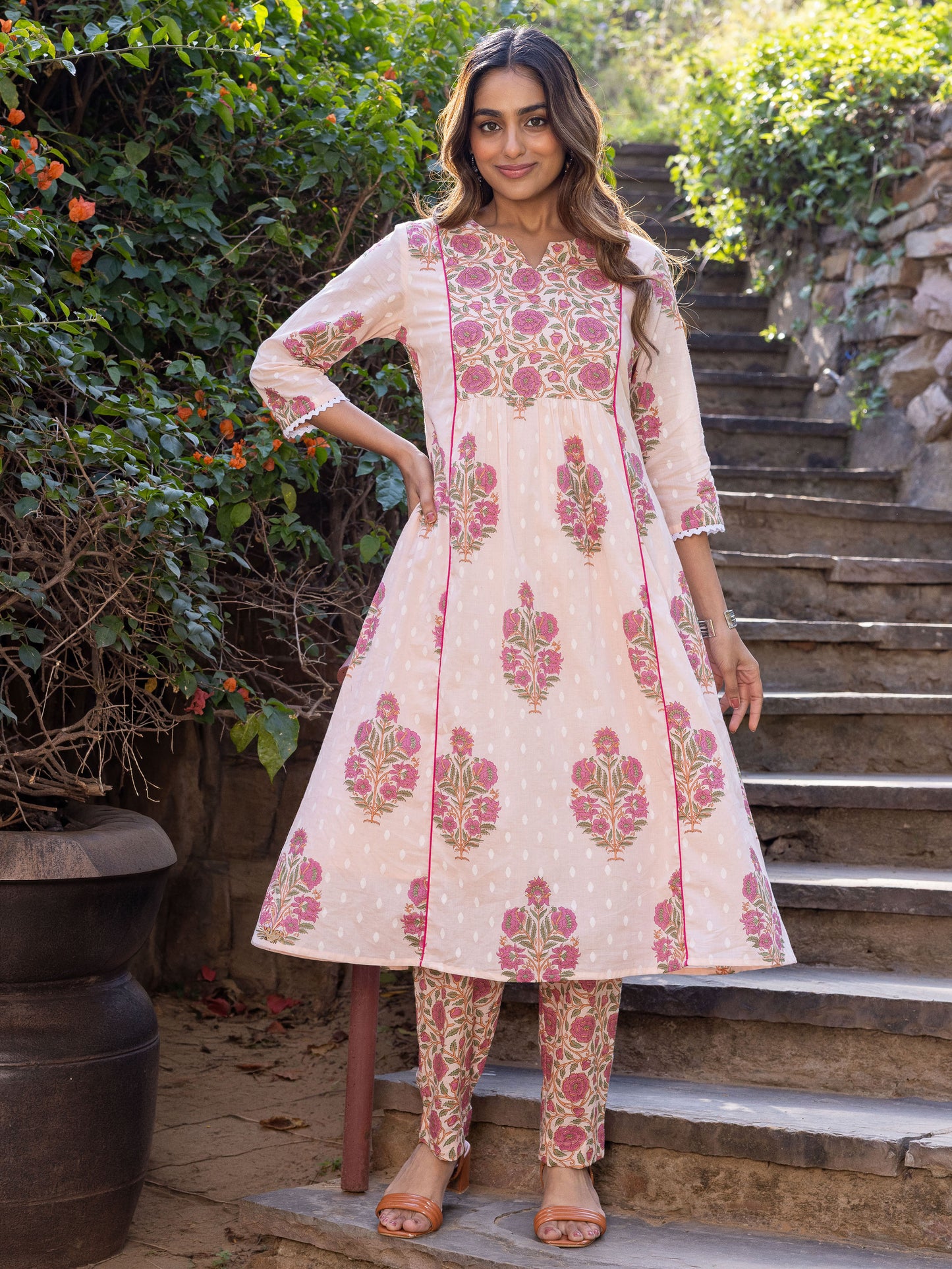 Soft Cotton Block Print Flared Baby Pink Kurta