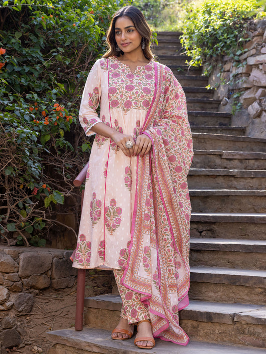 Cotton Voile Block Print Peach Dupatta