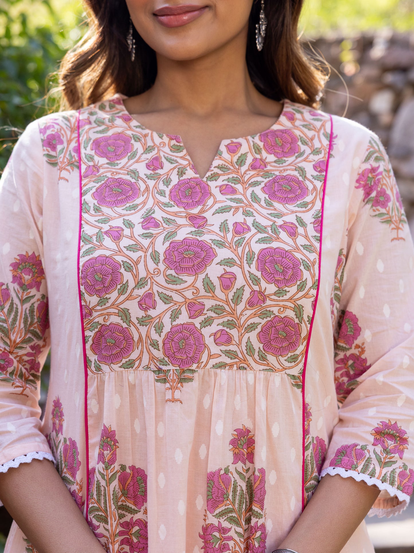 Soft Cotton Block Print Flared Baby Pink Kurta