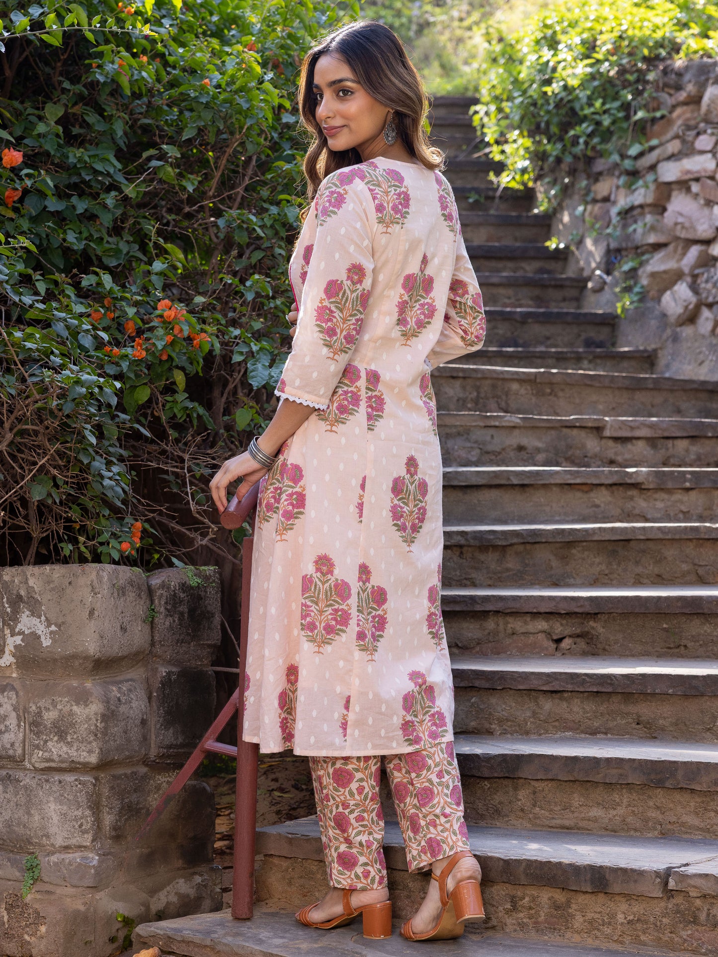 Soft Cotton Block Print Flared Baby Pink Kurta