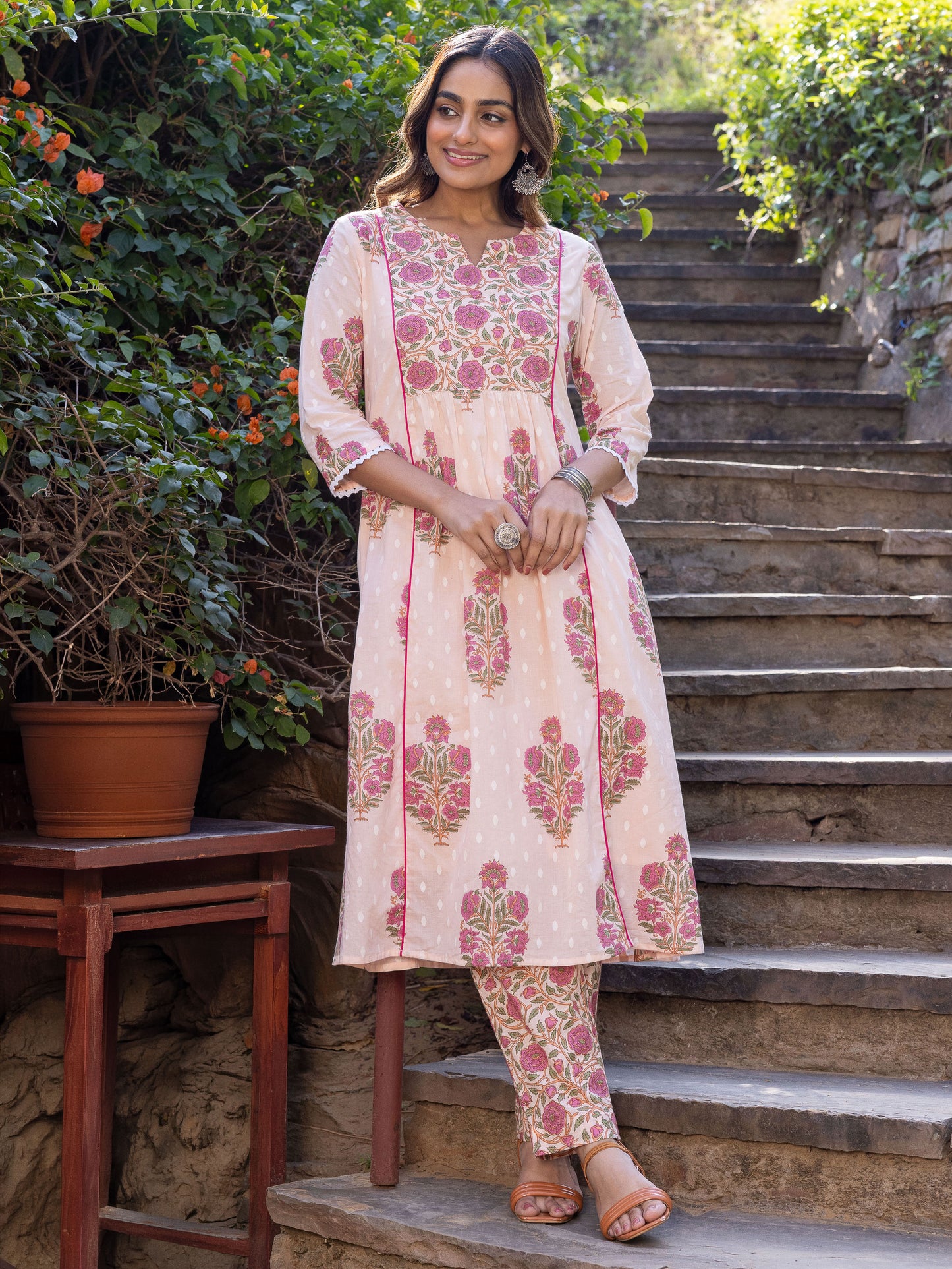 Soft Cotton Block Print Flared Baby Pink Kurta