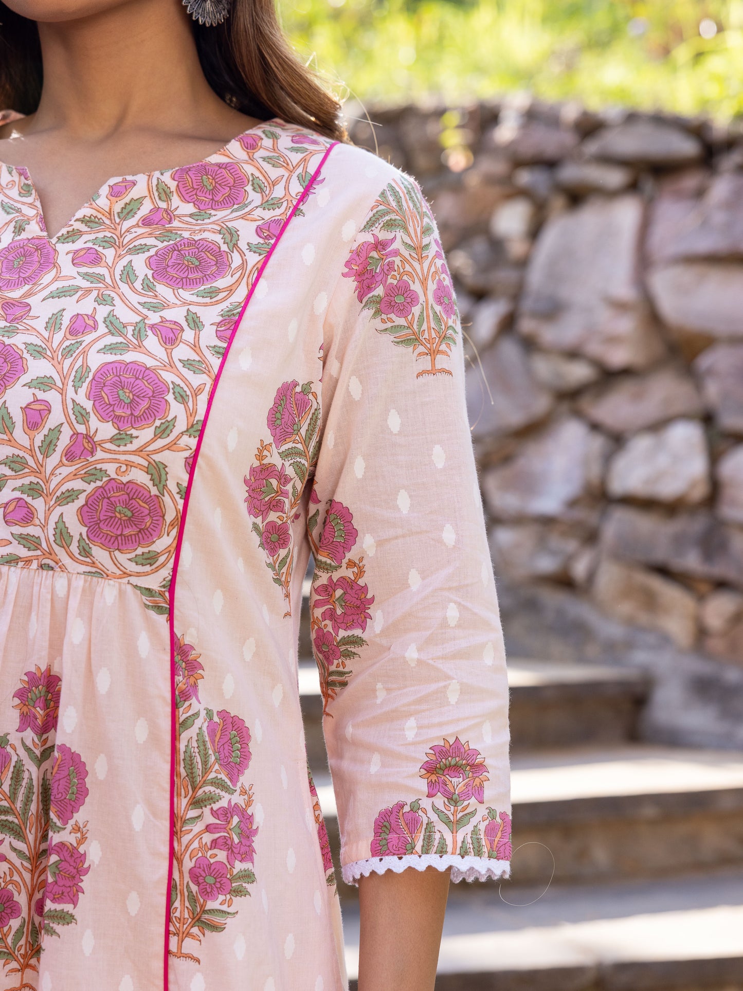 Soft Cotton Block Print Flared Baby Pink Kurta