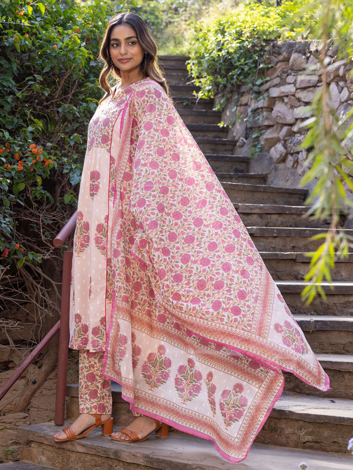 Soft Cotton Block Print Flared Baby Pink Kurta