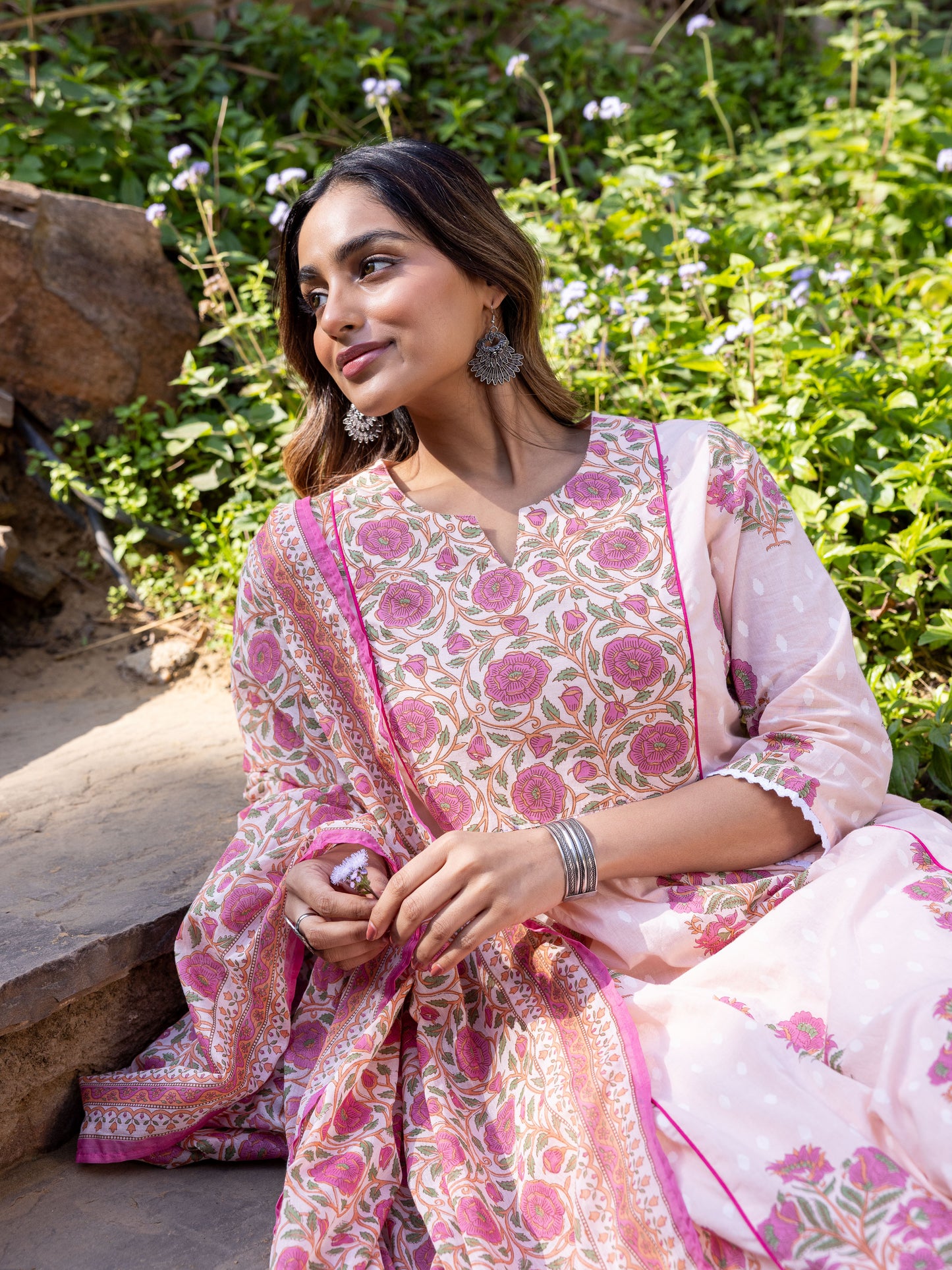 Soft Cotton Block Print Flared Baby Pink Kurta