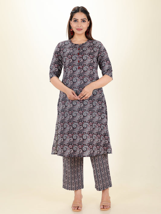 Soft Cotton Paisley A-line Black Kurta