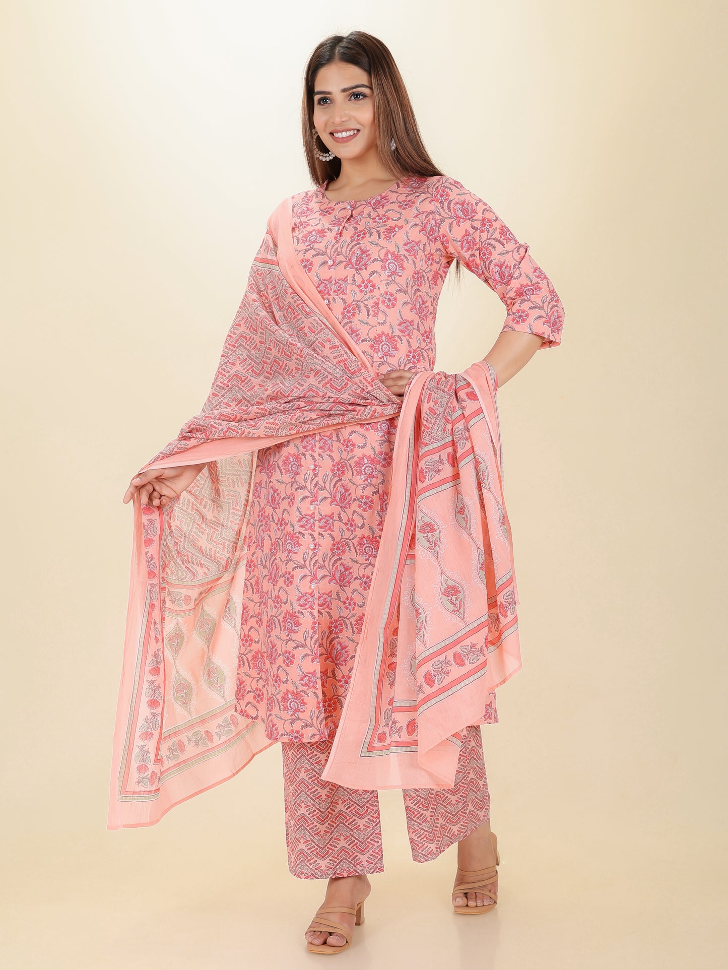 Soft Cotton Floral A-line Pink Kurta