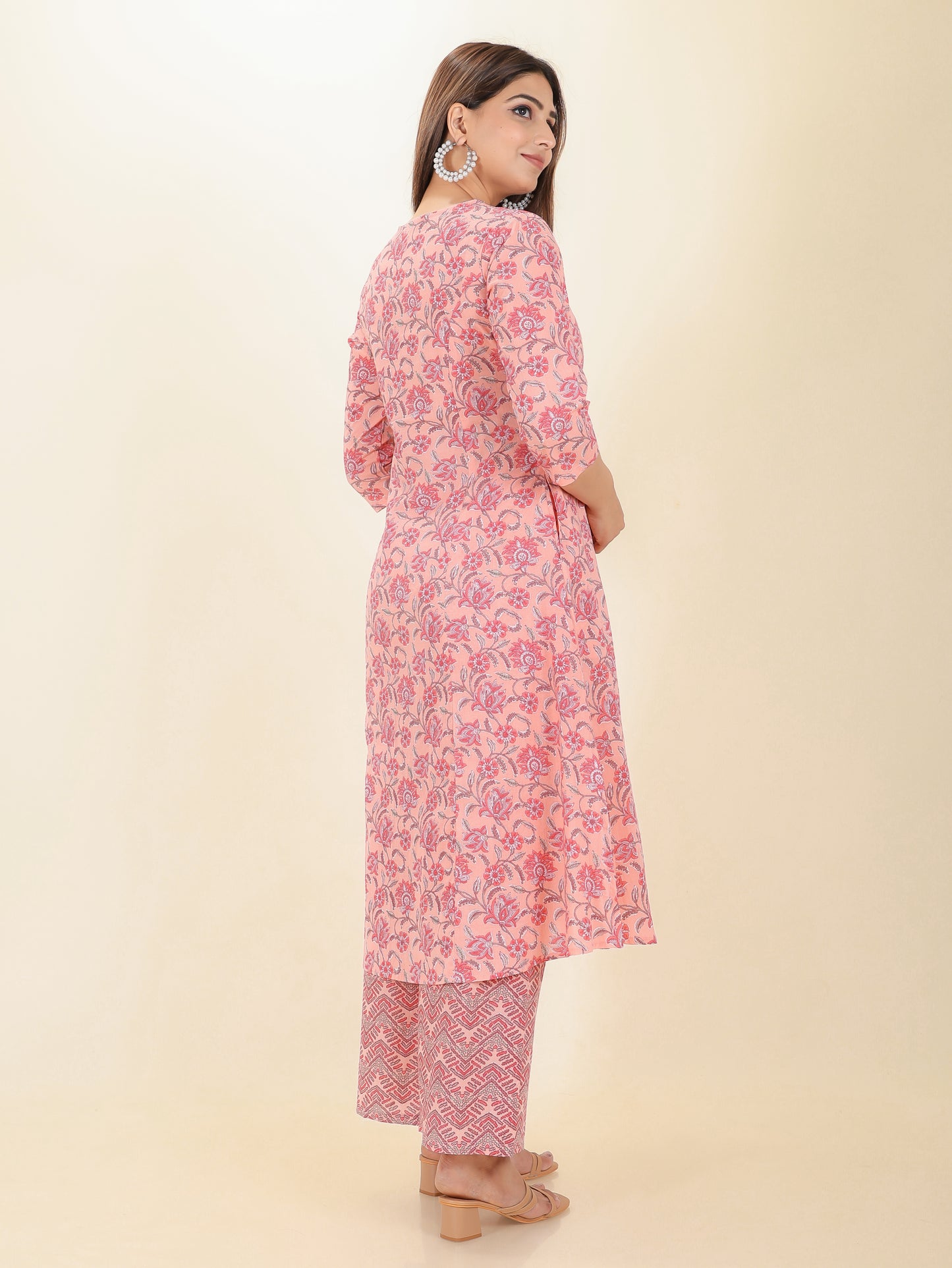 Soft Cotton Floral A-line Pink Kurta