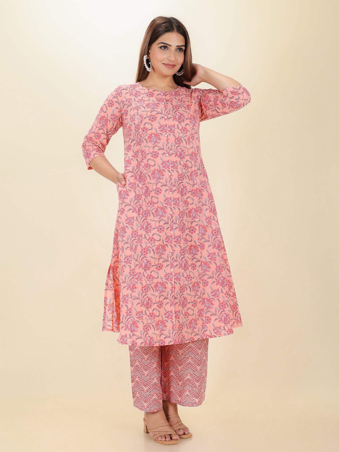 Soft Cotton Floral A-line Pink Kurta