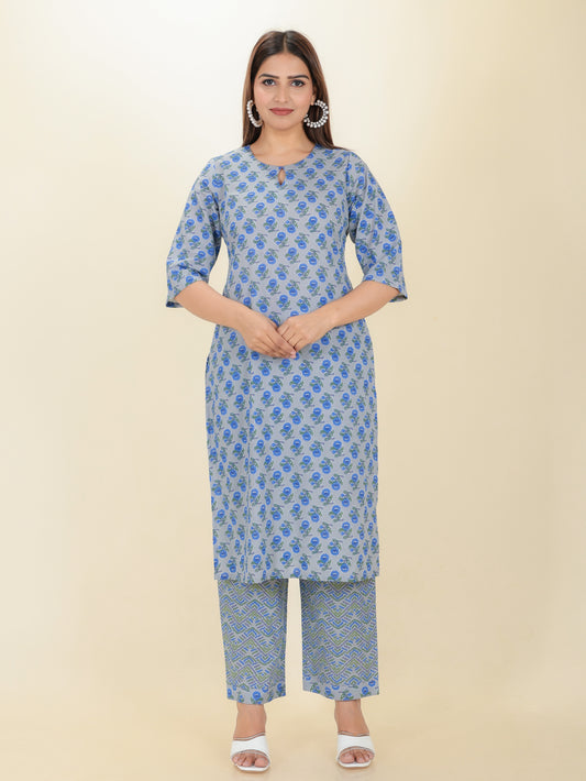 Soft Cotton Floral Straight Grey Kurta