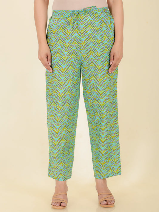 Soft Cotton Chevron Green Straight Trousers