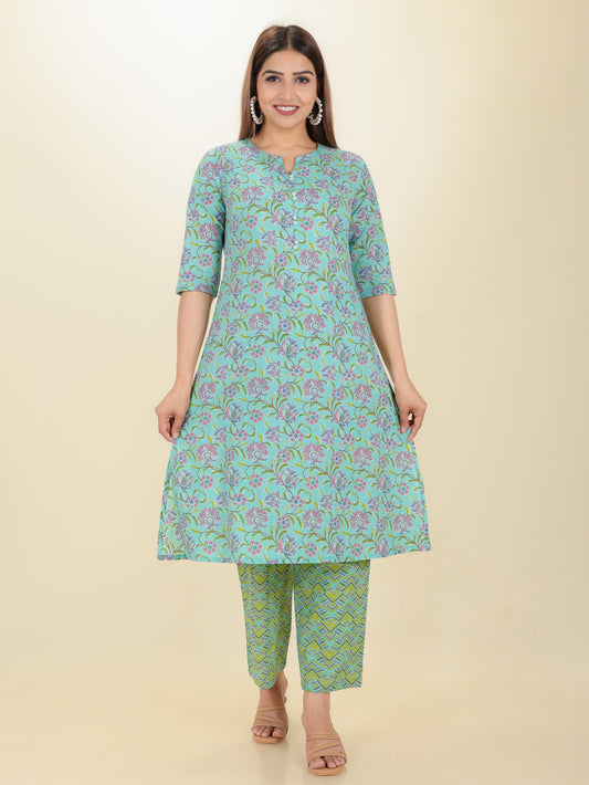 Soft Cotton Floral A-line Green Kurta