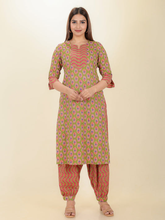 Soft Cotton Floral Straight Green Kurta