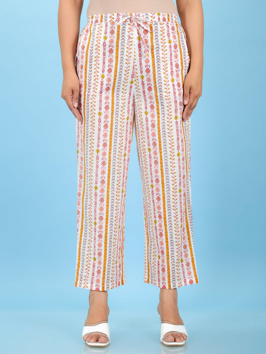 Soft Cotton Striped Off-White Straight Trousers