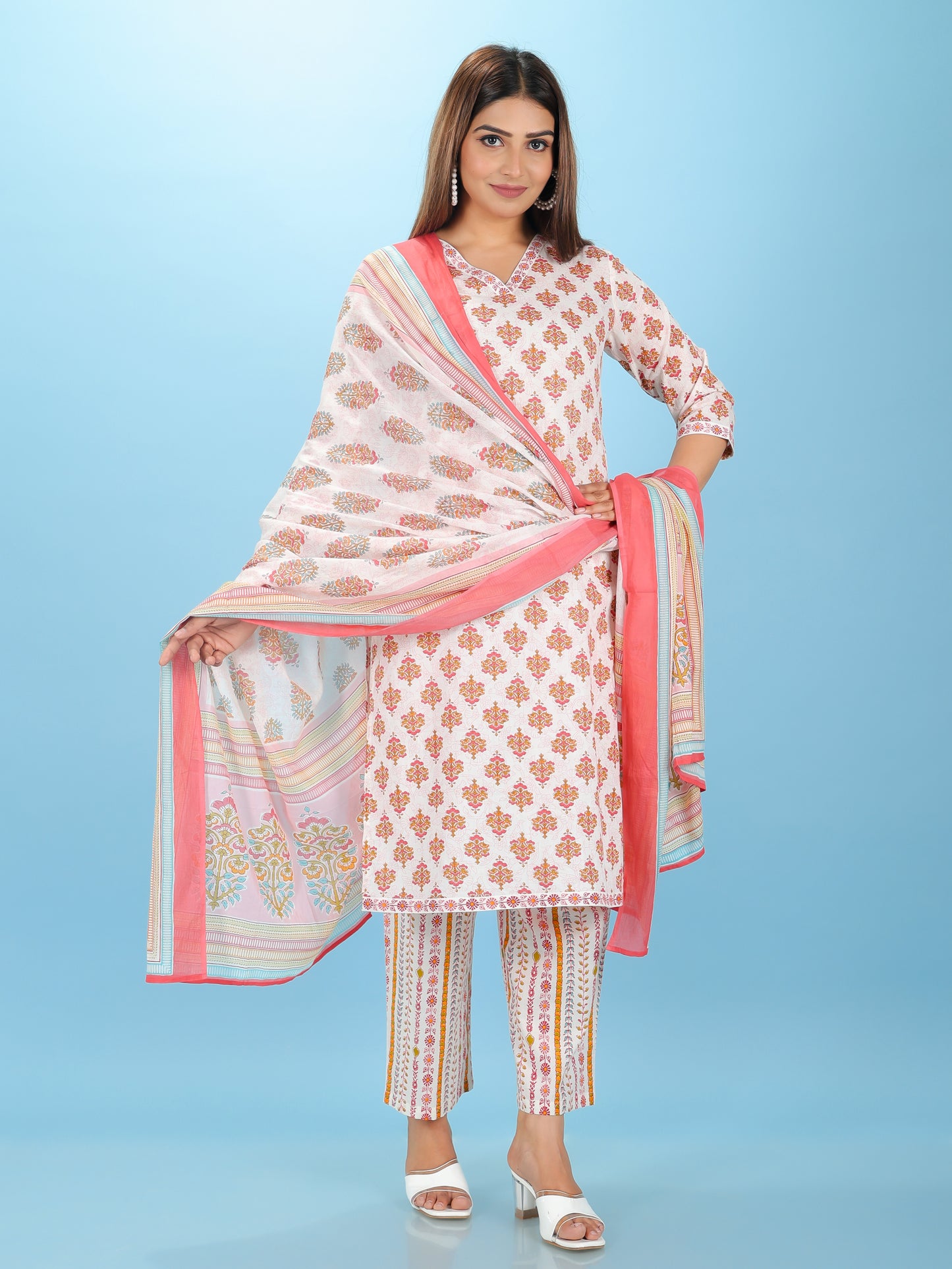 Voile Cotton Floral Off-White Dupatta