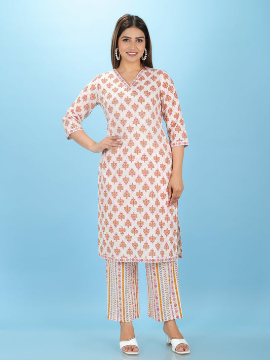 Soft Cotton Floral Straight Off-White Kurta
