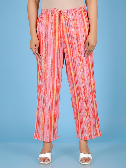 Soft Cotton Striped Pink Straight Trousers