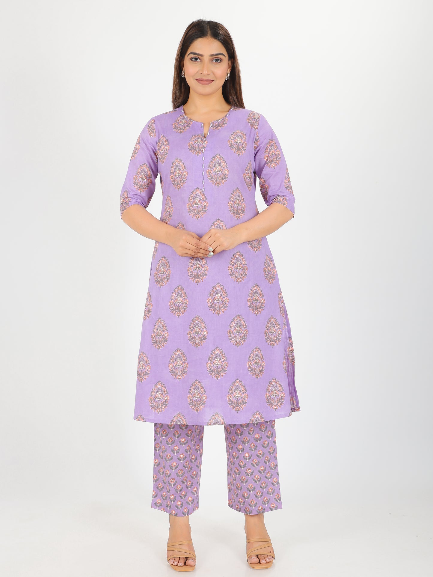 Soft Cotton Butti A-line Purple Kurta
