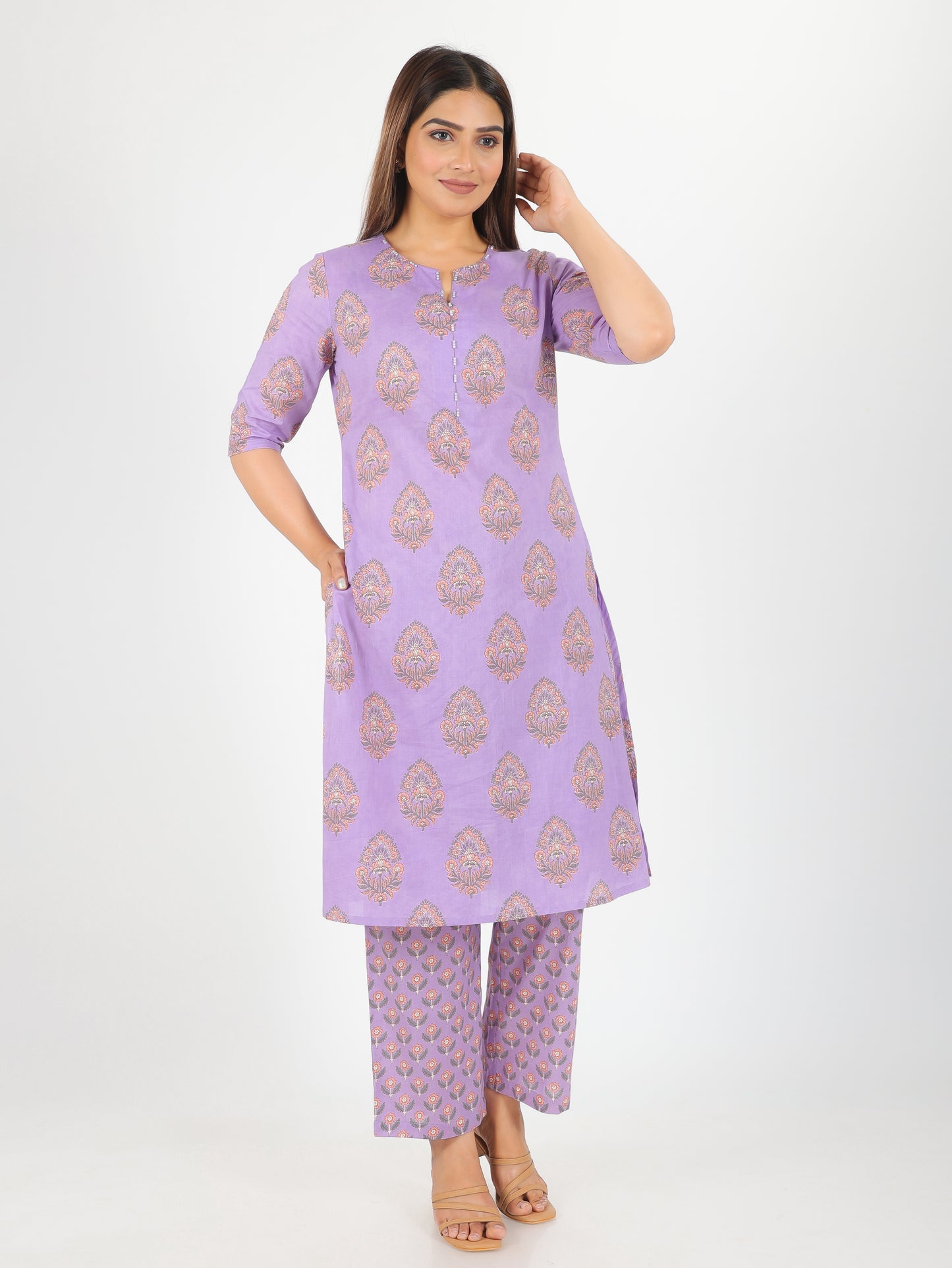 Soft Cotton Butti A-line Purple Kurta