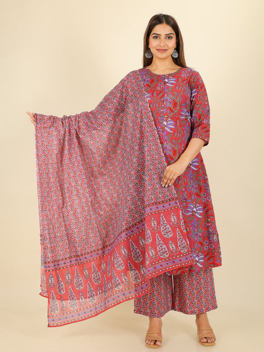 Soft Cotton Floral A-line Red Kurta