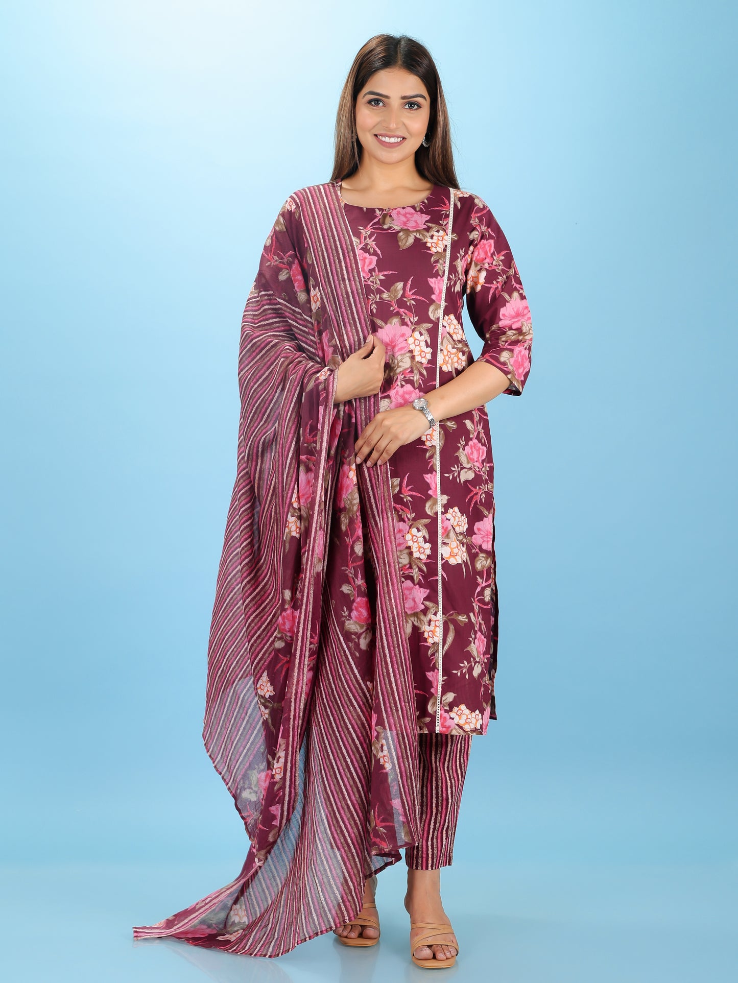 Voile Cotton Striped Purple Dupatta
