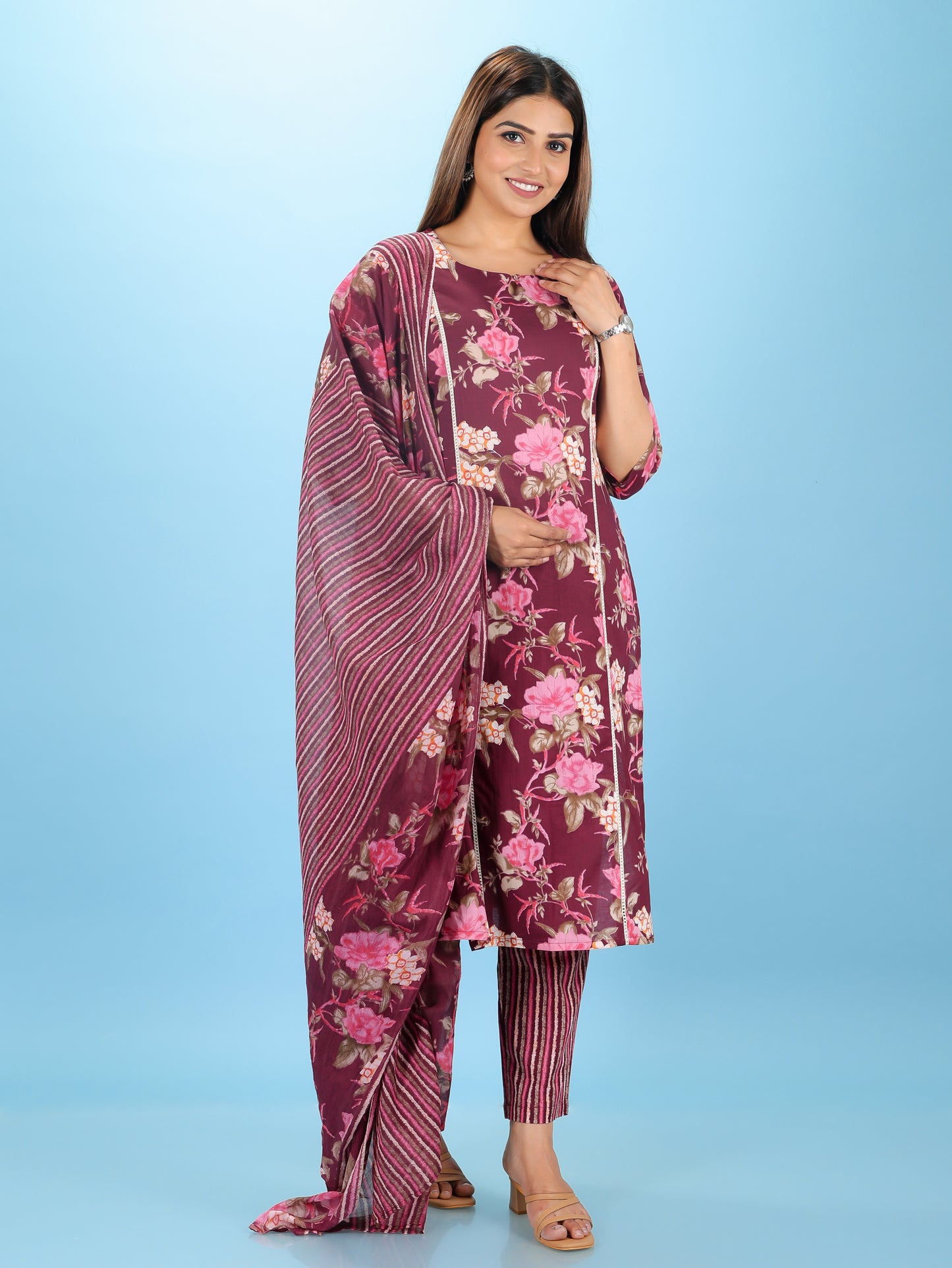 Voile Cotton Striped Purple Dupatta