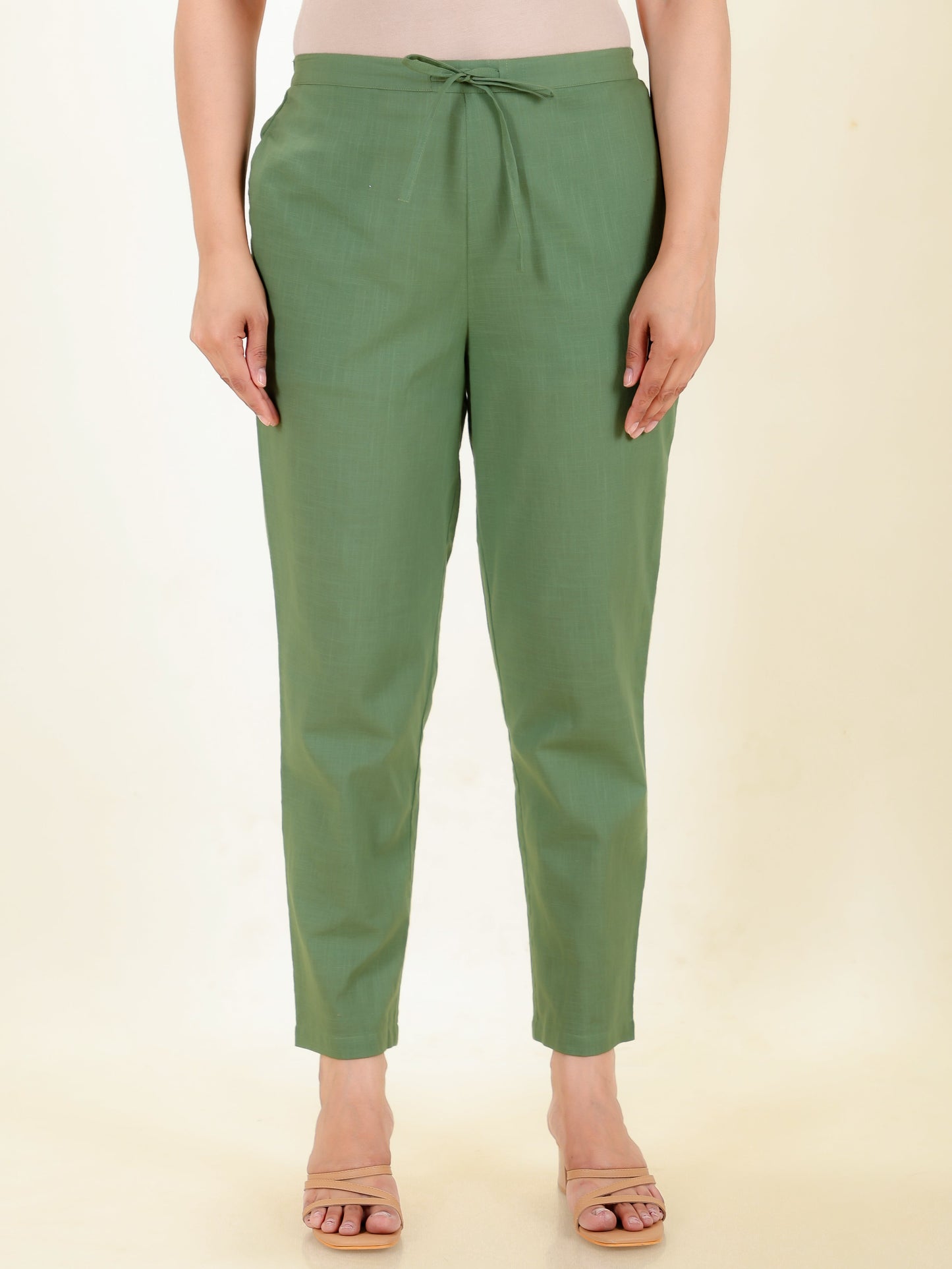 Natural Cotton Solid Green Tapered Trousers