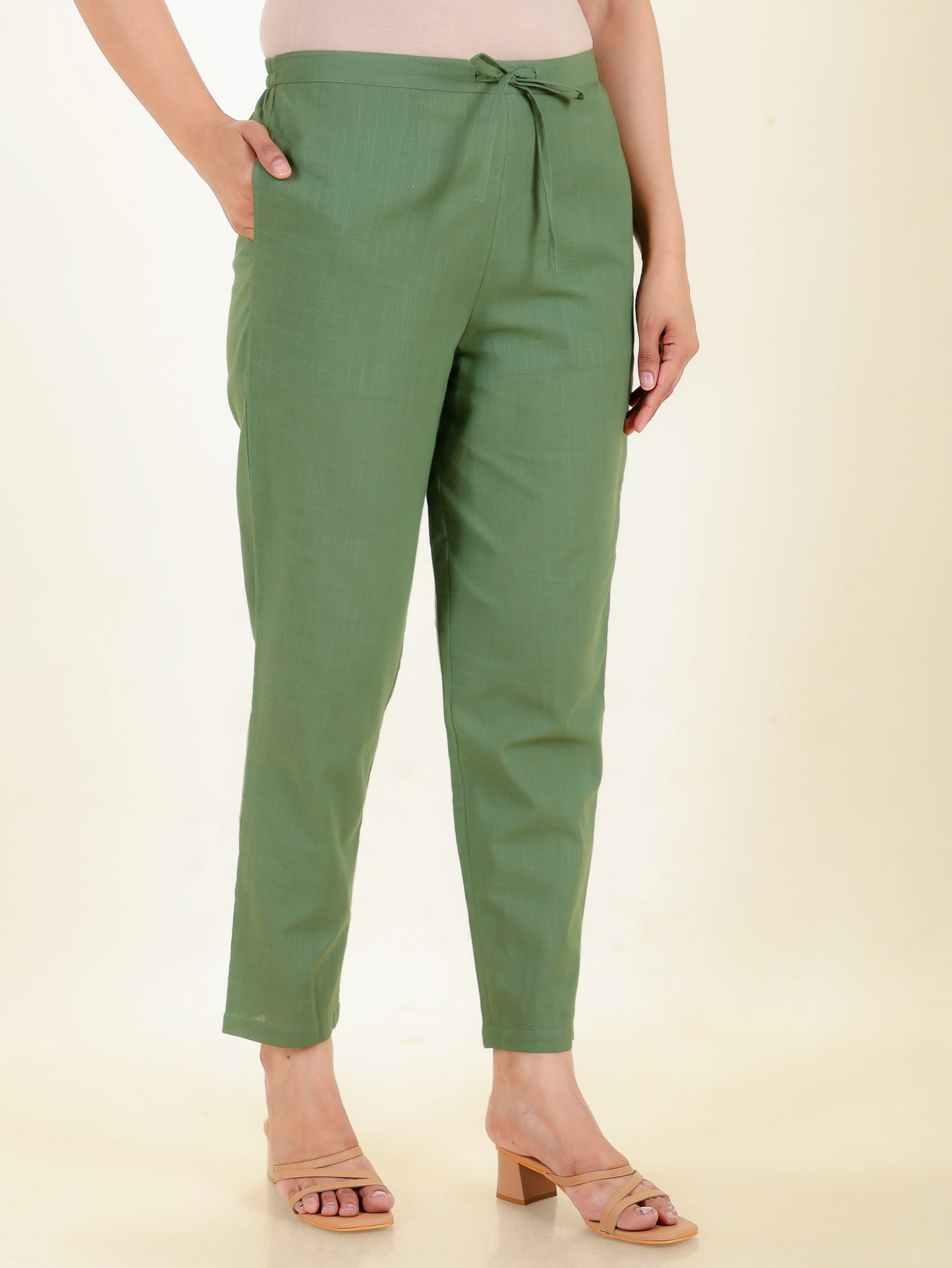 Natural Cotton Solid Green Tapered Trousers