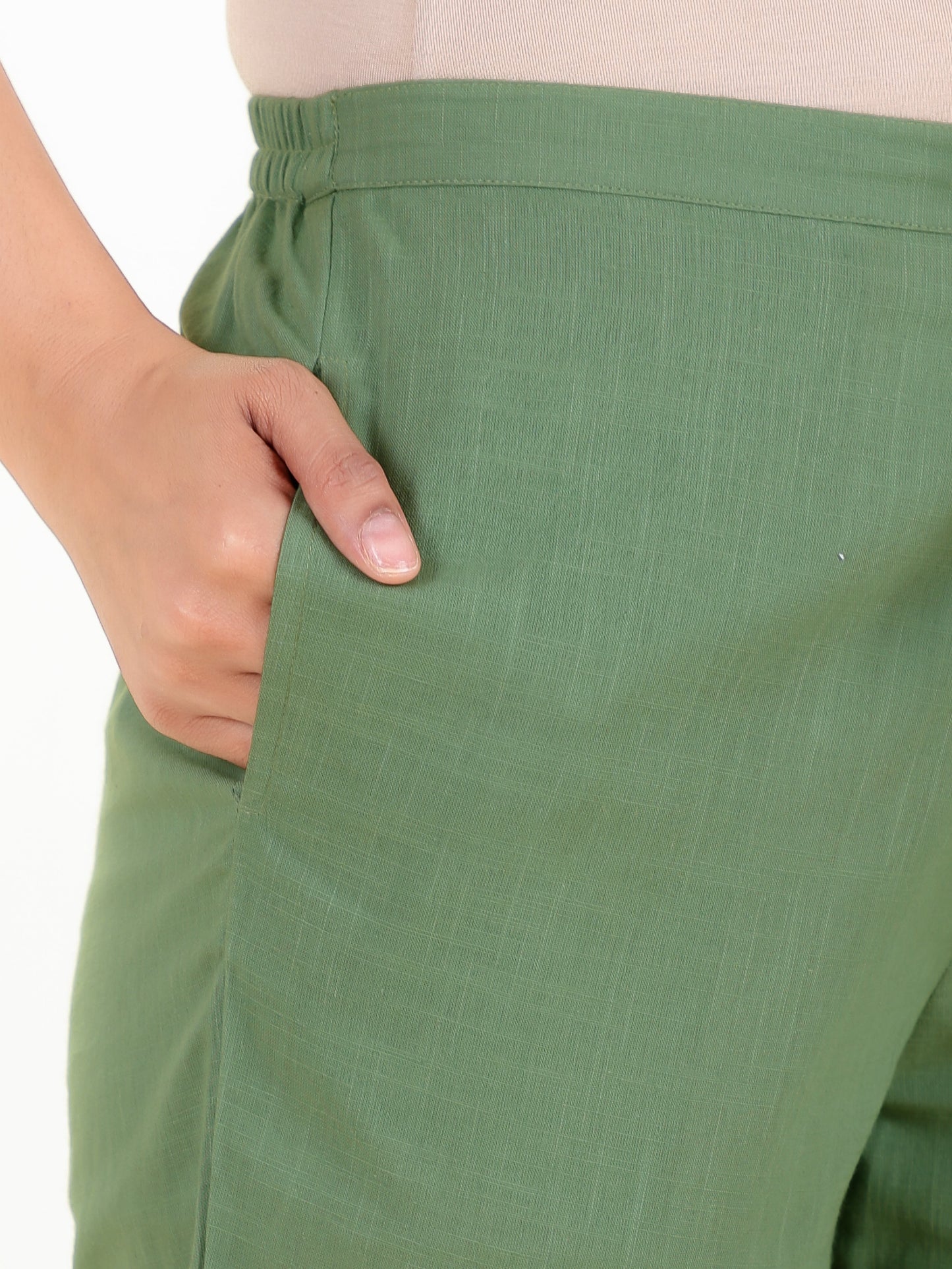 Natural Cotton Solid Green Tapered Trousers