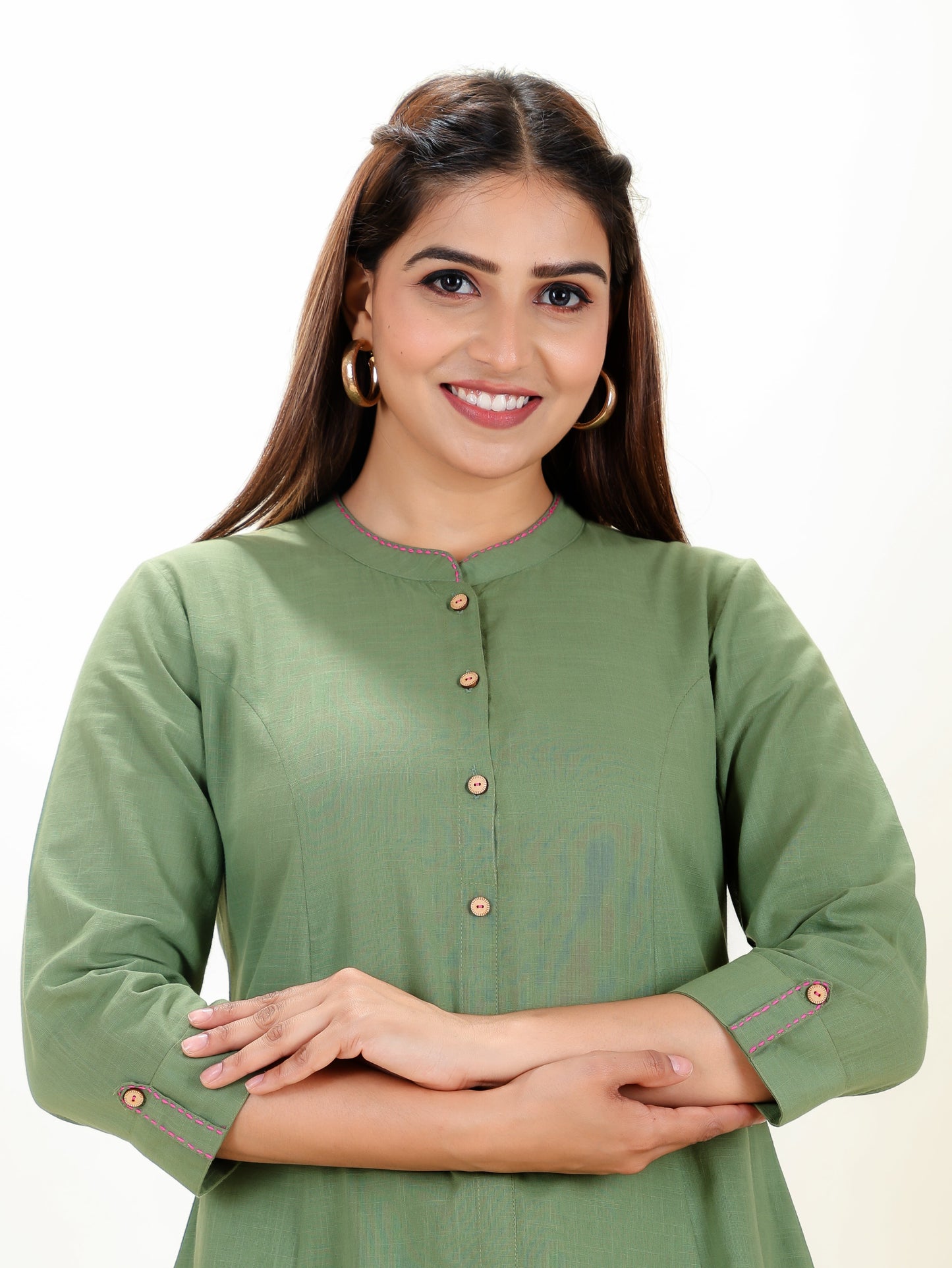 Natural Cotton Solid High Low Sage Green Kurta