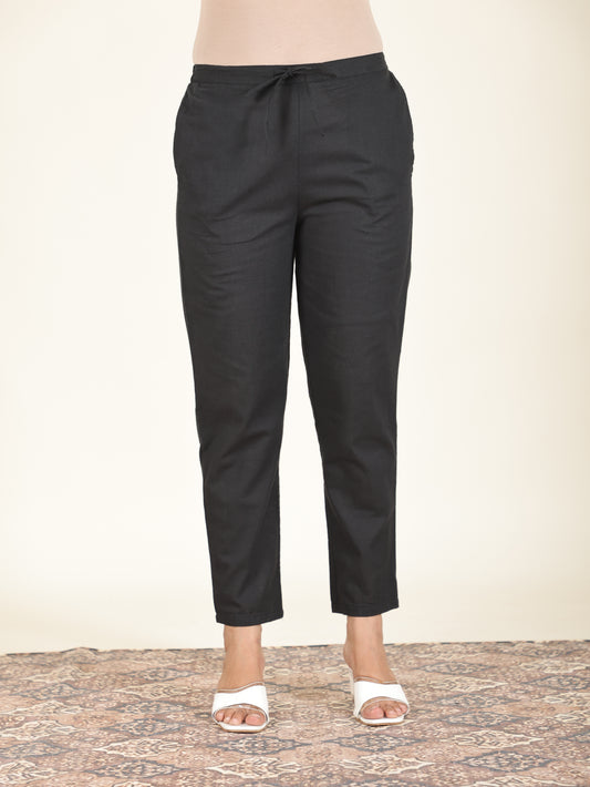 Natural Cotton Solid Black Tapered Trousers