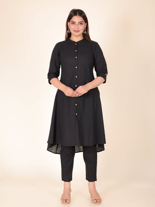 Natural Cotton Solid High Low Black Kurta