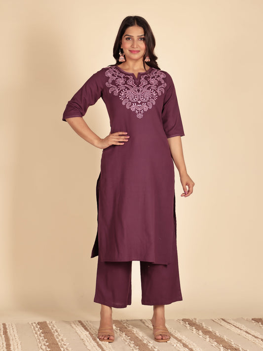 Linen Cotton Solid Straight Purple Kurta