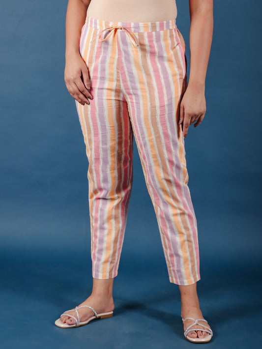 Soft Cotton Striped Multicolor Tapered Trousers