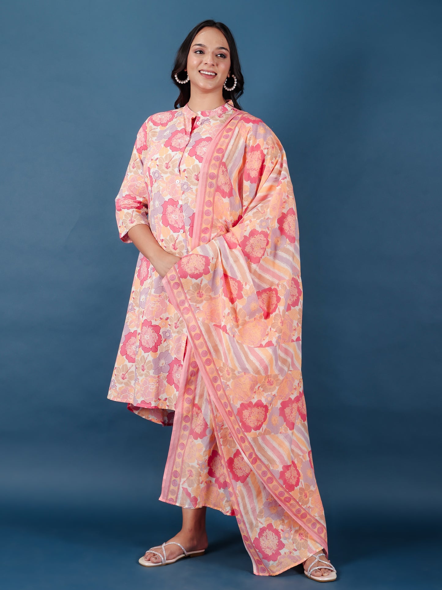 Soft Cotton Floral High Low Pink Kurta
