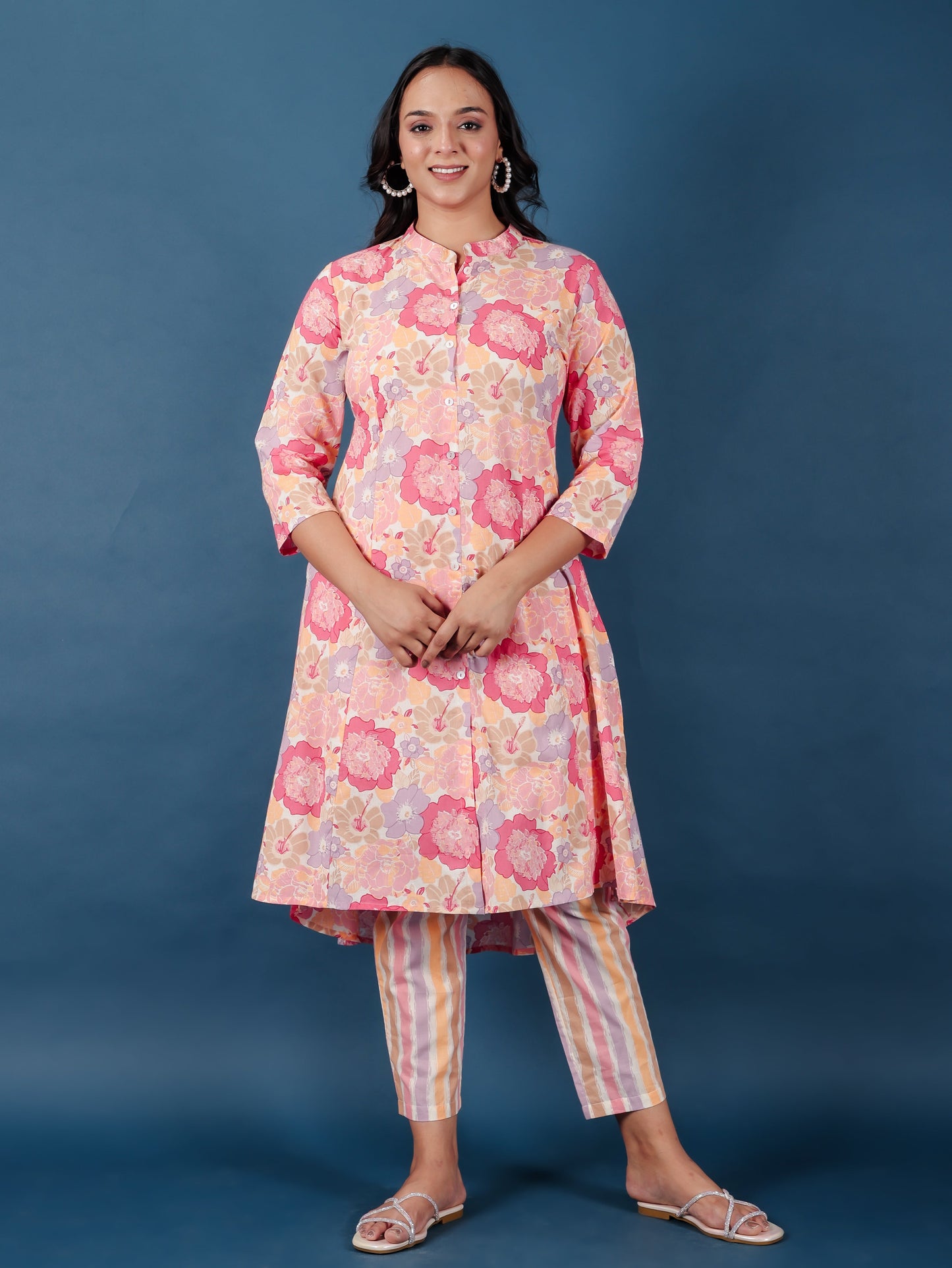 Soft Cotton Floral High Low Pink Kurta