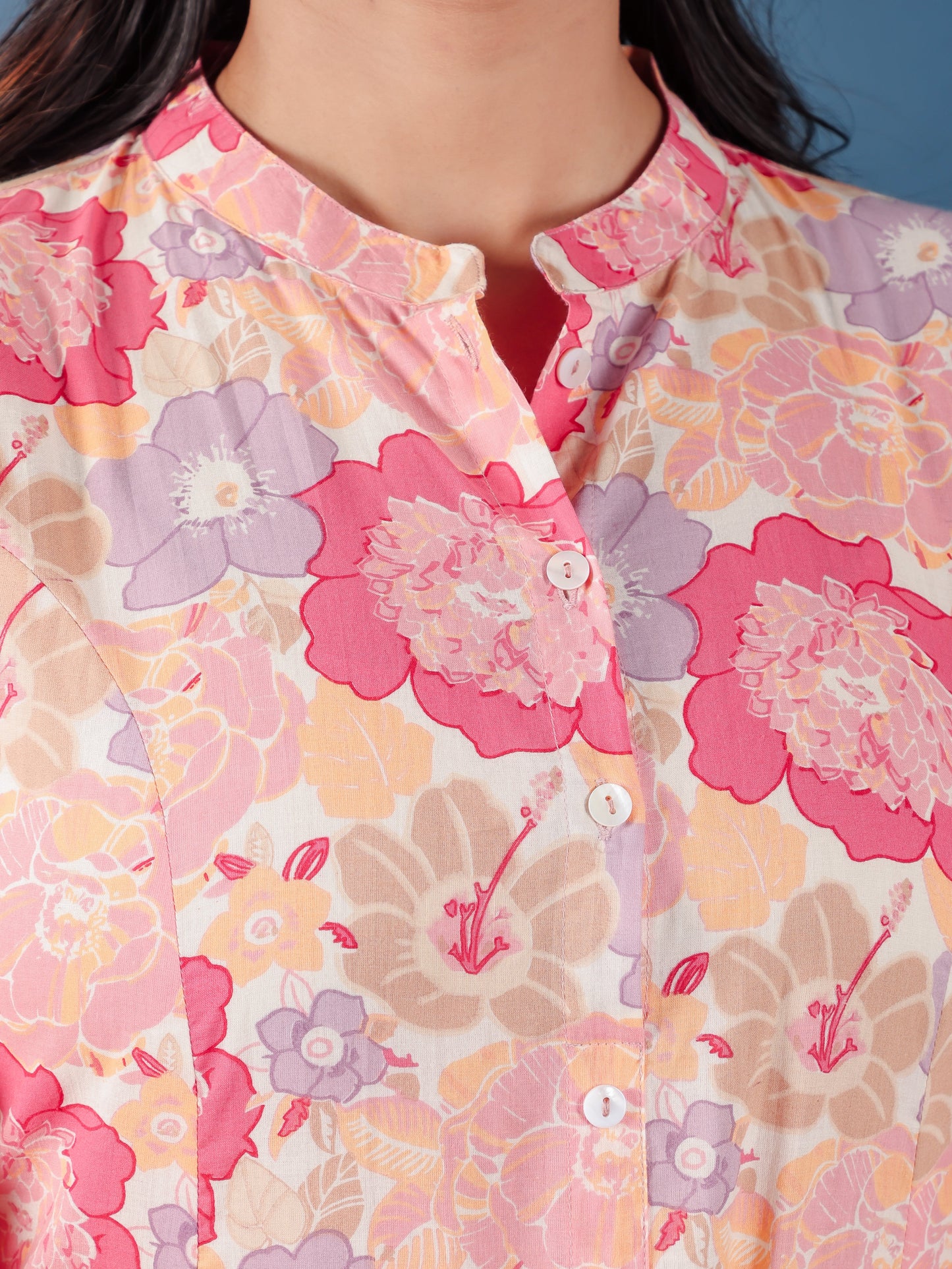 Soft Cotton Floral High Low Pink Kurta