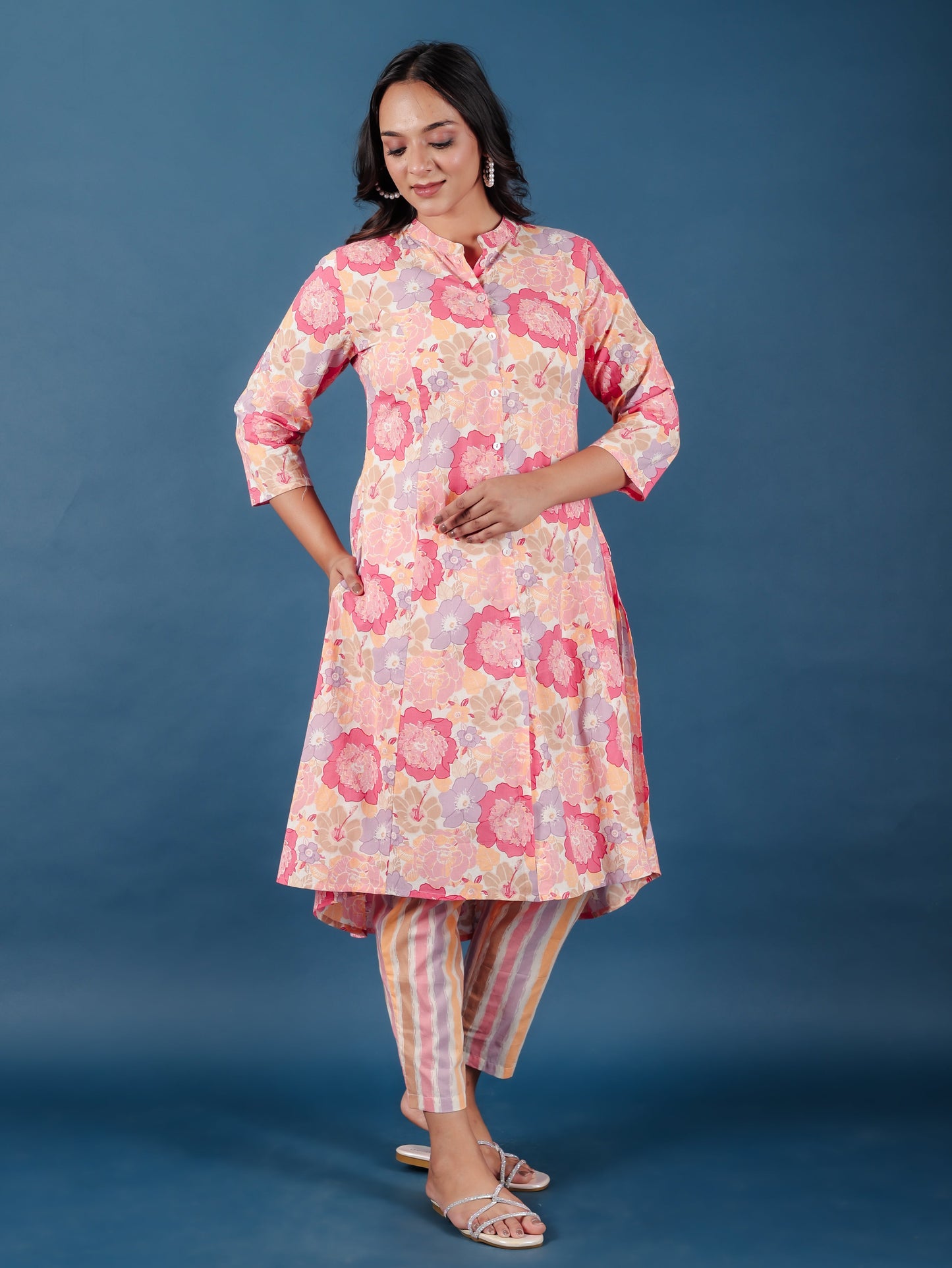 Soft Cotton Floral High Low Pink Kurta
