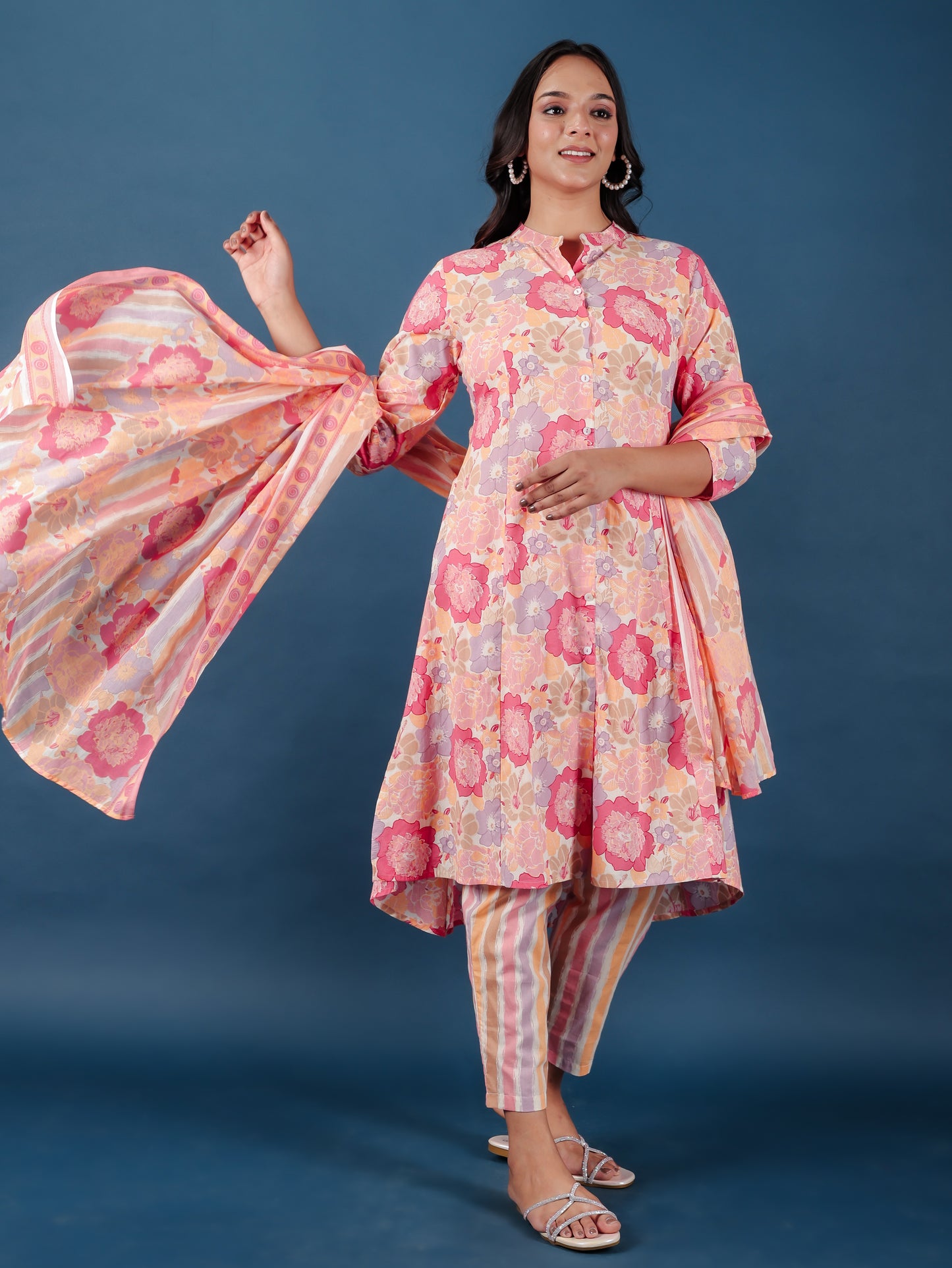 Soft Cotton Floral High Low Pink Kurta
