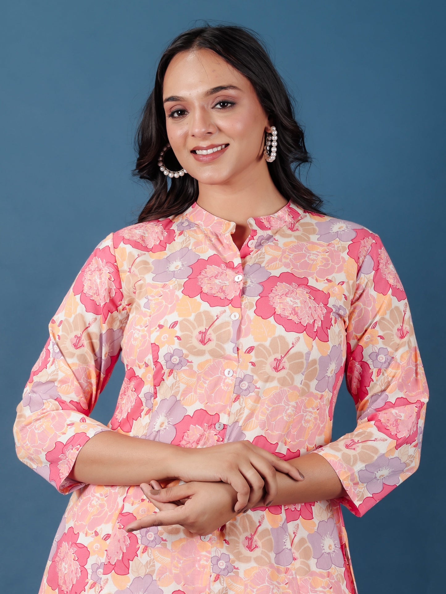 Soft Cotton Floral High Low Pink Kurta