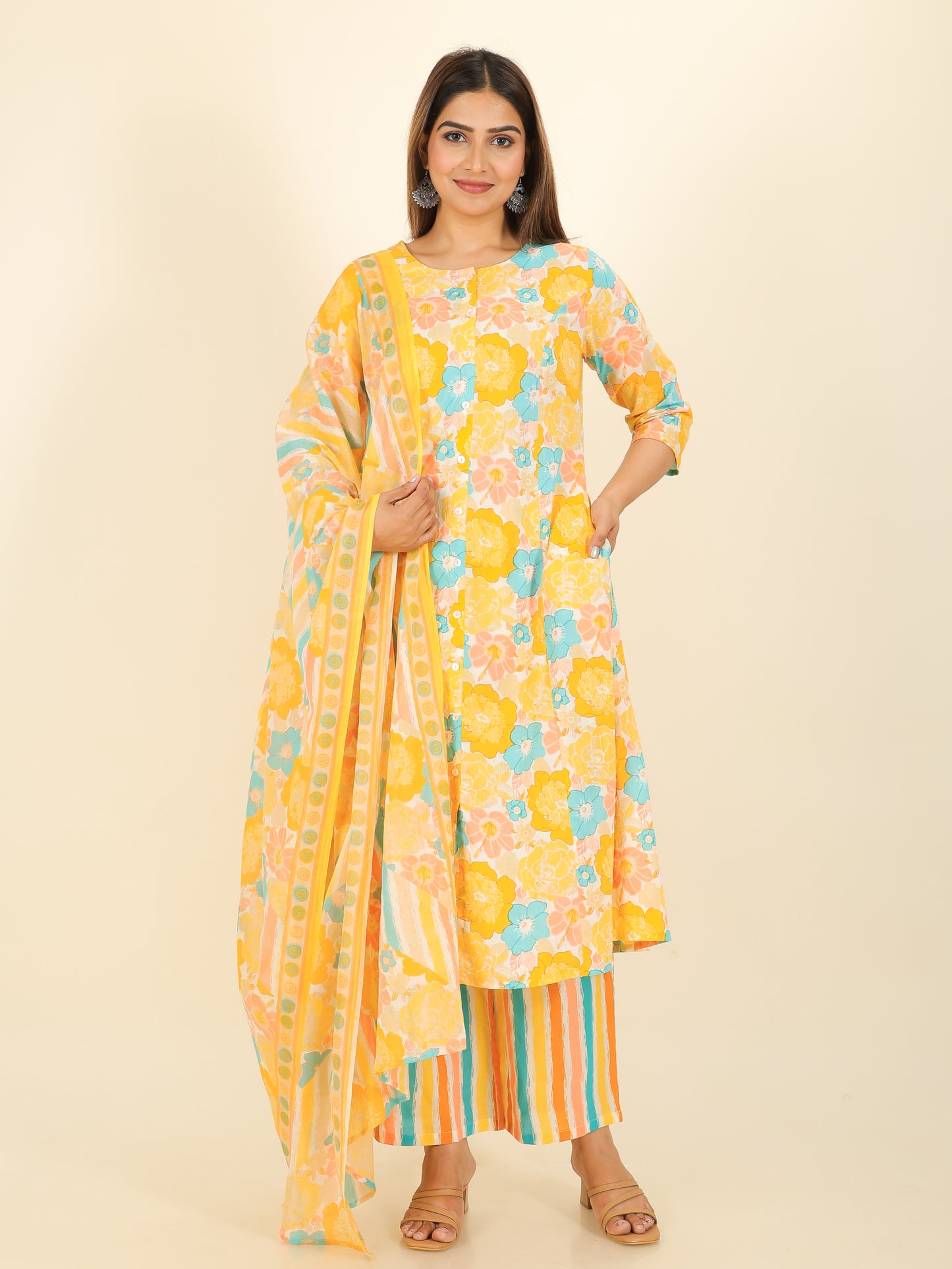 Cotton Voile Floral Yellow Dupatta
