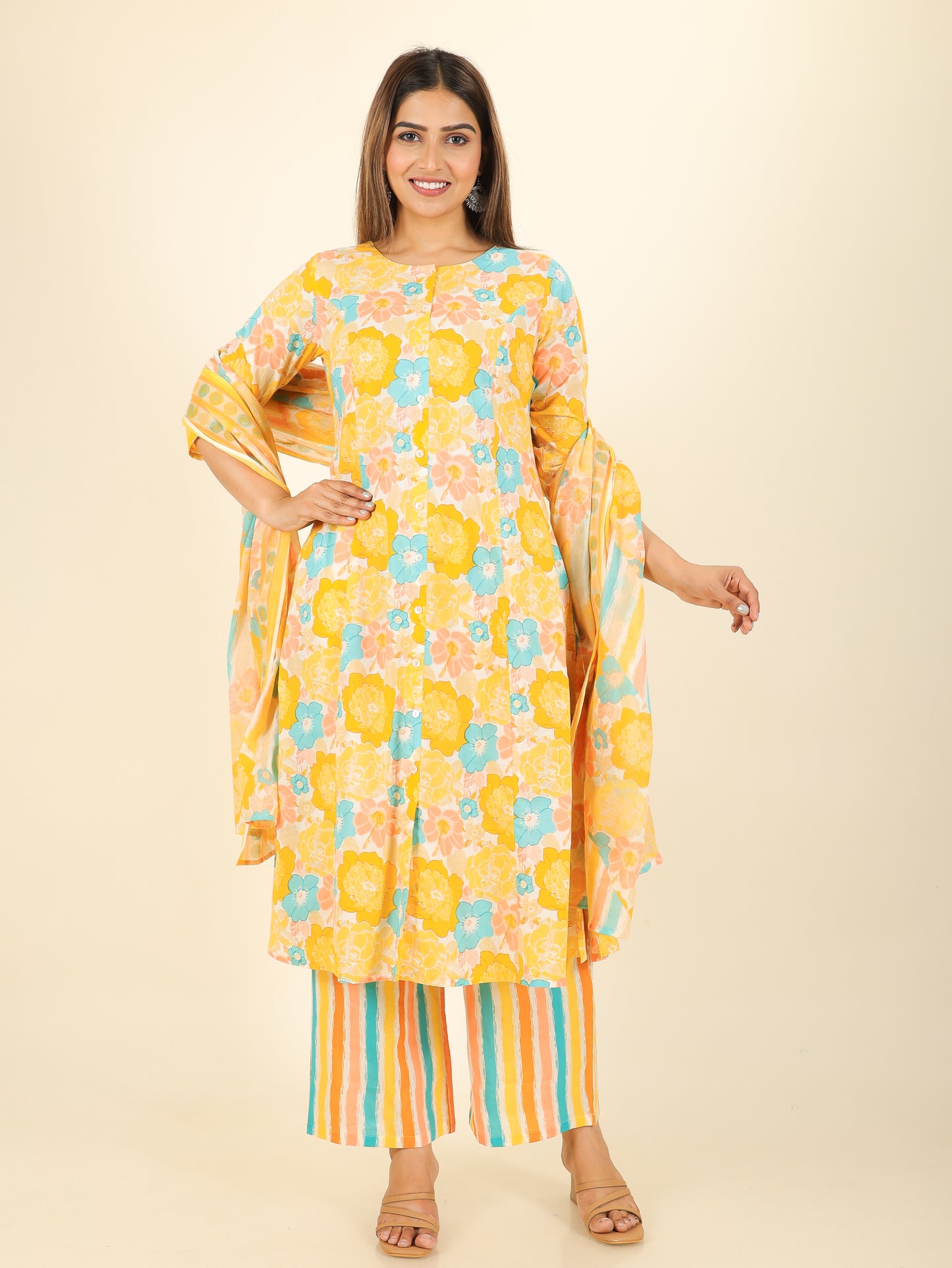 Cotton Voile Floral Yellow Dupatta
