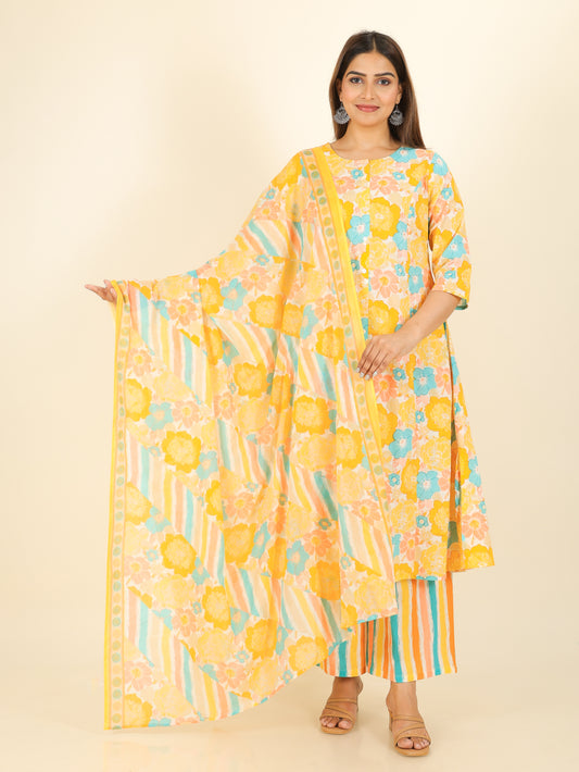 Cotton Voile Floral Yellow Dupatta