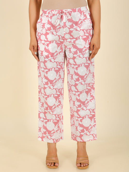 Soft Cotton Floral Pink Straight Trousers