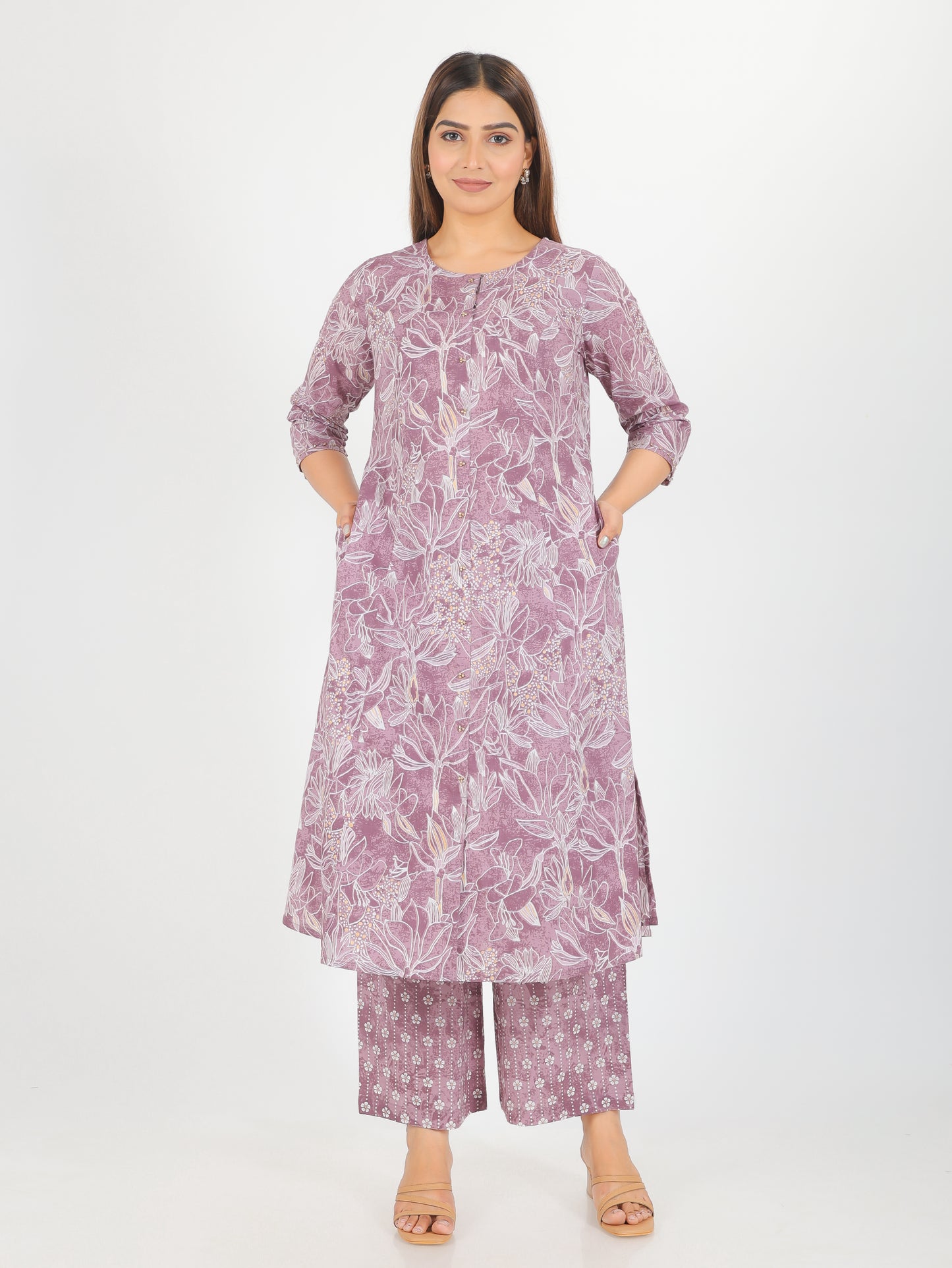 Soft Cotton Floral A-line Purple Kurta