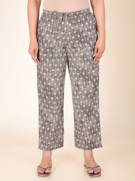 Soft Cotton Floral Grey Straight Trousers