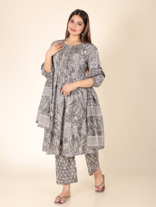 Voile Cotton Floral Grey Dupatta