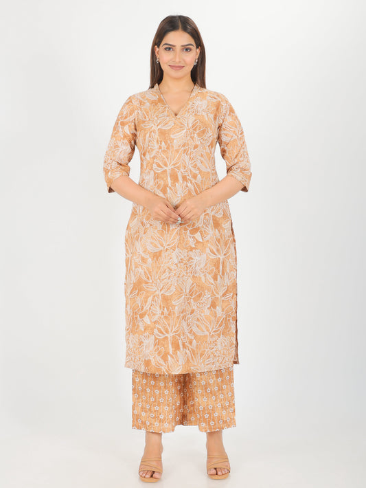 Soft Cotton Floral Straight Brown Kurta
