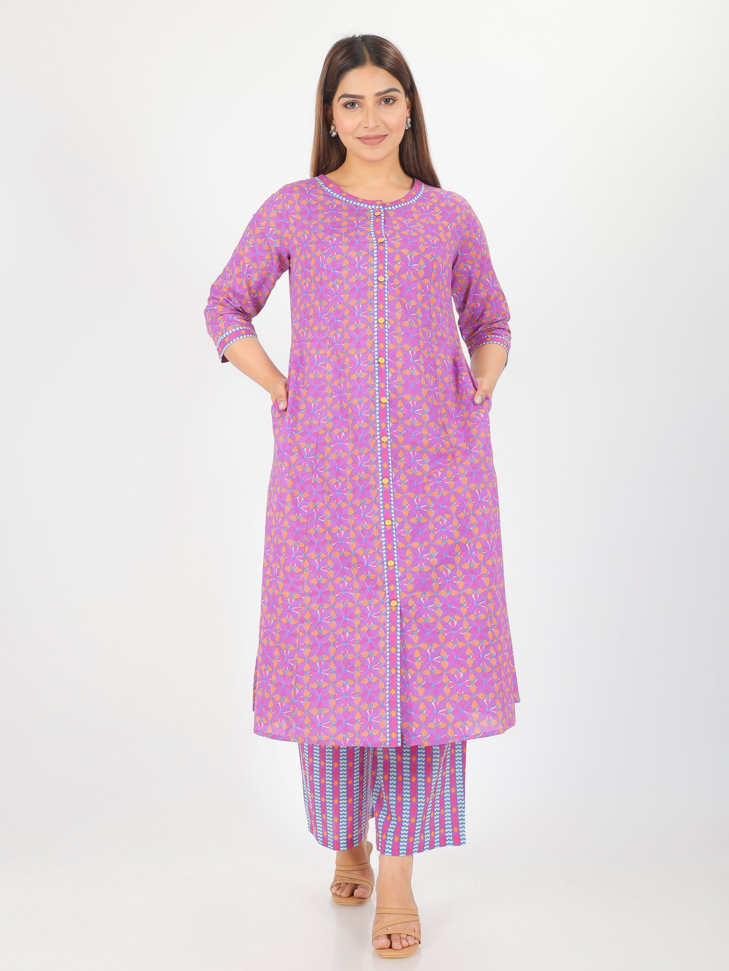 Soft Cotton Geometric A-line Purple Kurta