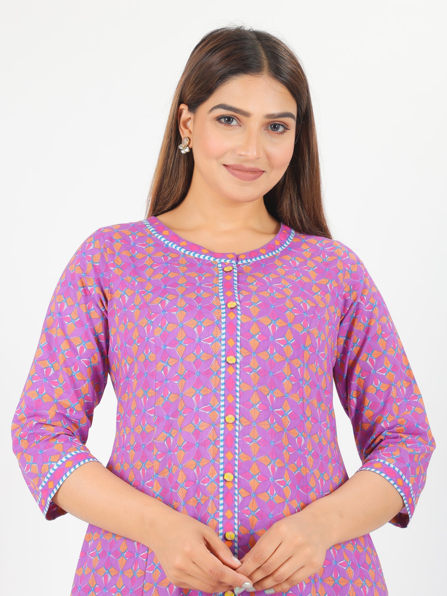 Soft Cotton Geometric A-line Purple Kurta